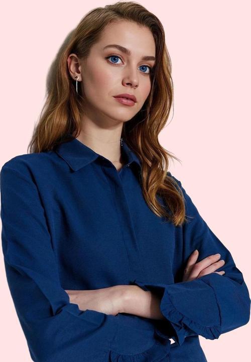 Kadın Denim Görünümlü Gömlek Flamlı Pamuk Kumaş Düğmeli Kışlık Günlük Kullanım Özel Günler