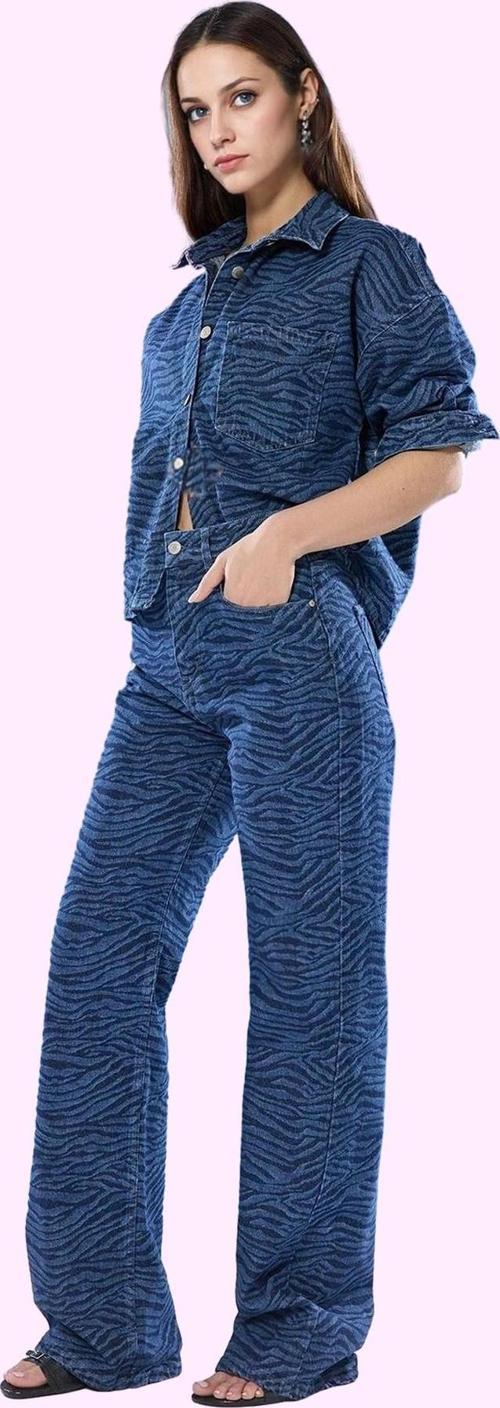 Kadın Zebra Desenli Wide Leg Jean Pantolon Pamuk Casual Stil Günlük Kullanım Modern Tasarım