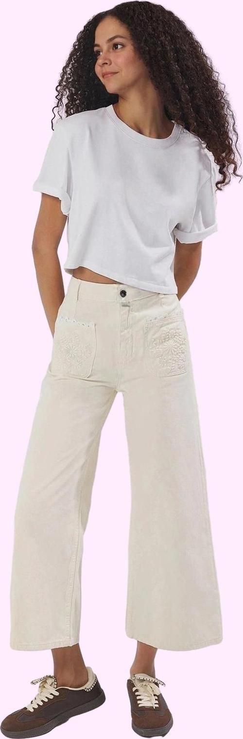 Kadın Pamuklu Denim Culotte Pantolon Yüksek Bel Geniş Paça Günlük Kombinler Modern Tasarım