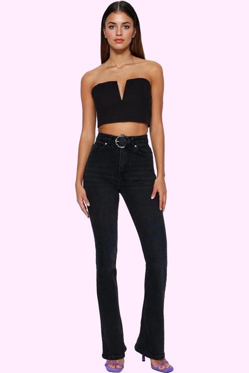 Kadın Denim Flare Jean Pamuk Yüksek Bel Günlük Kaliteli Malzeme Yaz Aylarının Vazgeçilmezi