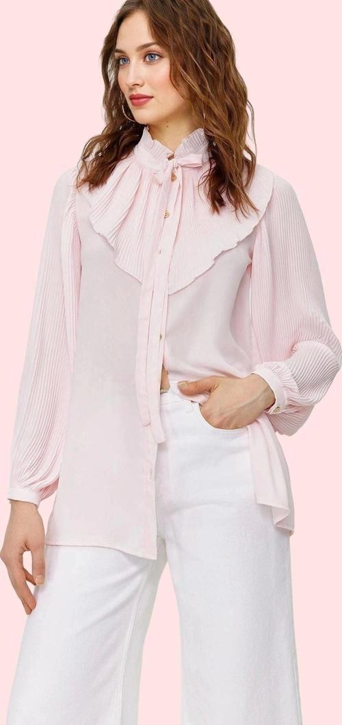 Kadın Uzun Kollu Şifon Gömlek Fırfırlı Detay Hakim Yaka Yazlık Günlük Kullanım Özel Günler