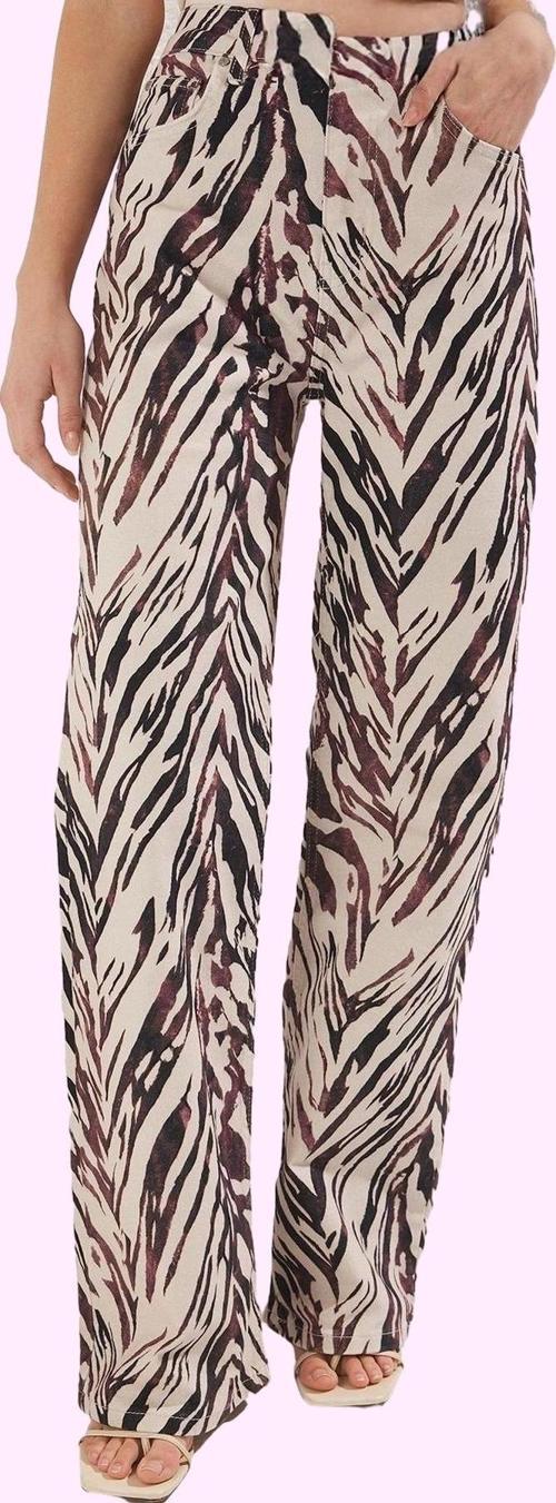 Kadın Leopar Desenli Denim Pantolon Yüksek Bel Wide Leg Rahat Günlük Kullanım Modern Tasarım