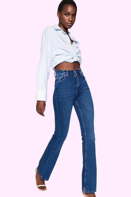 Kadın Denim Flare Jean Pamuk Yüksek Bel Günlük Kaliteli Malzeme Yaz Aylarının Vazgeçilmezi