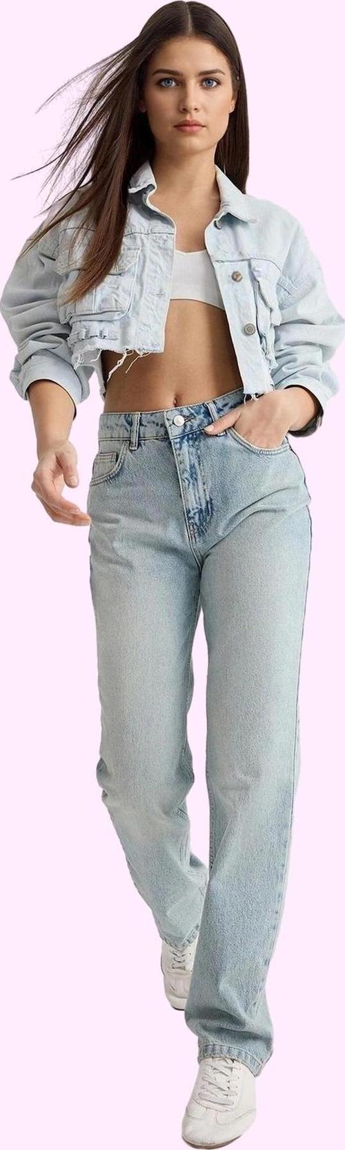 Kadın Pamuk Denim Jean; Yüksek Bel Straight Kalıp Boru Paça Günlük Kullanım Modern Tasarım