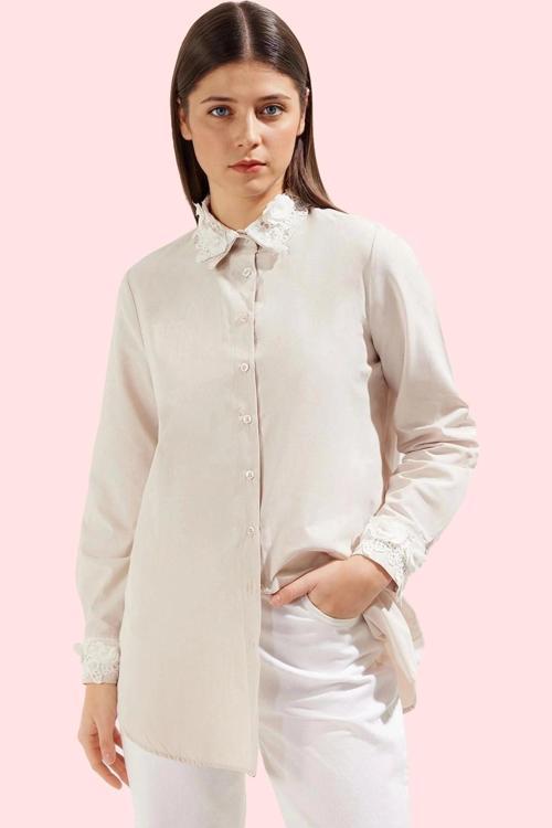 Kadın Gömlek Terrycotton Dokuma Dantel Detaylar Regular Kalıp Günlük Şıklık Modern Tasarım