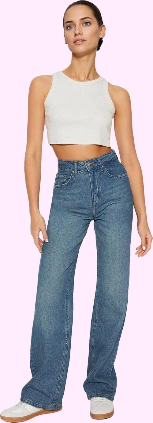 Kadın Pamuk Denim Jean Pantolon; Yüksek Bel; Geniş Paça; Günlük Stil Yaz Aylarının Vazgeçilmezi