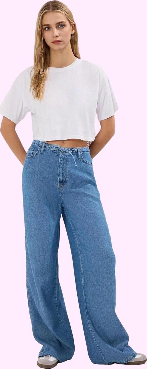 Kadın Denim Yüksek Bel Wide Leg Pantolon Liyosel Rahat Günlük Hafta Sonu Dayanıklı Malzeme