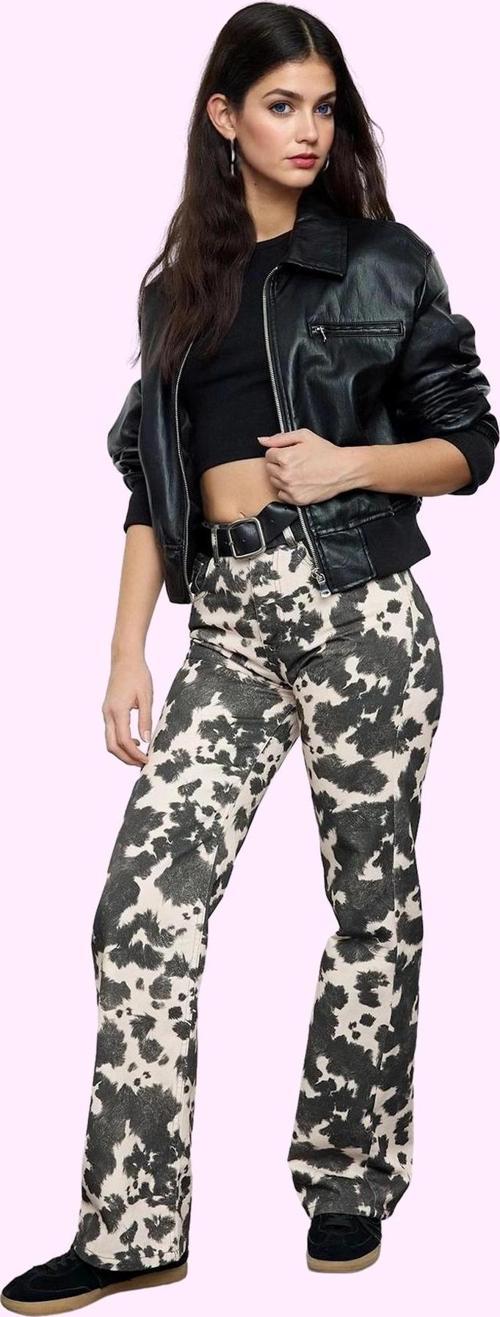 Kadın İnek Desenli Düşük Bel Wide Leg Jean Pantolon Pamuk Casual Stil Yaz Aylarının Vazgeçilmezi