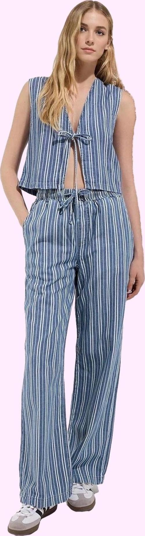 Kadın Çizgili Geniş Paça Pantolon Yüksek Bel Denim Yazlık Günlük Kullanım Kaliteli Malzeme