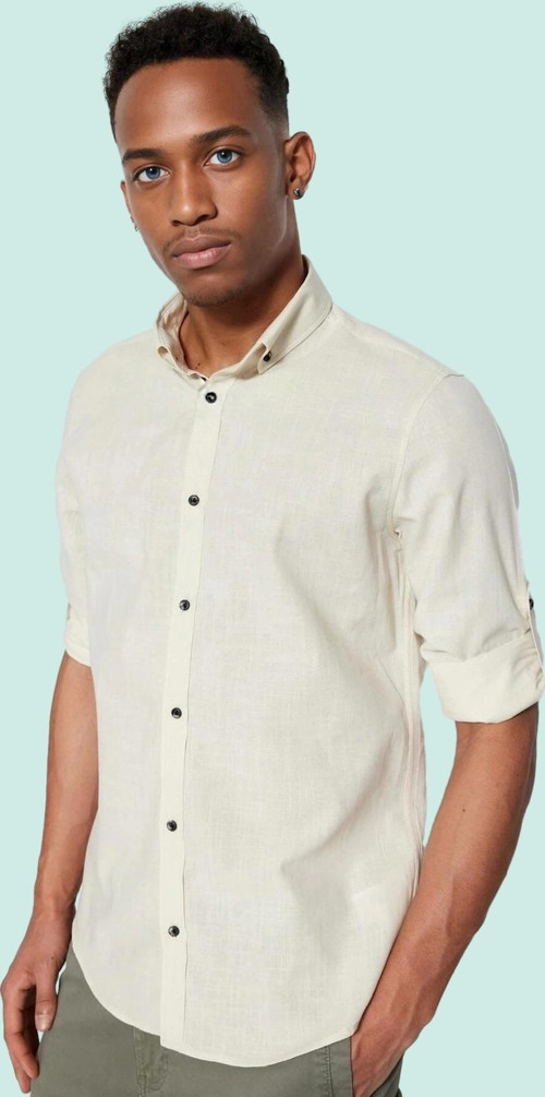 Erkek Pamuklu Gömlek Düğmeli Slim Fit Keten Görünümlü İş ve Günlük Yaz Aylarının Vazgeçilmezi