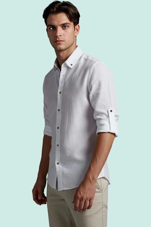 Erkek Pamuklu Gömlek Düğmeli Slim Fit Keten Görünümlü İş ve Günlük Yaz Aylarının Vazgeçilmezi