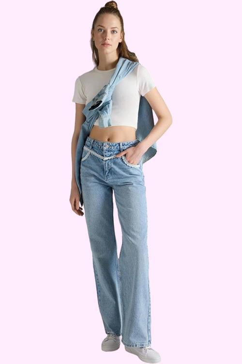 Kadın Denim Geniş Paça Pantolon Rahat Kesim Pamuk Günlük Hafta Sonu Yaz Aylarının Vazgeçilmezi