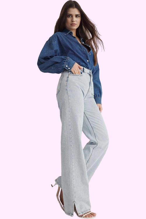 Kadın Denim Yüksek Bel Wide Leg Pantolon Pamuk Günlük Ve İş Hayatı Yaz Aylarının Vazgeçilmezi