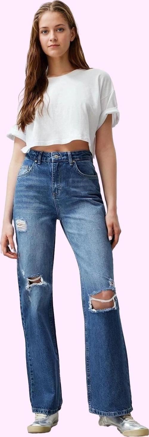 Kadın Pamuklu Yırtık Detaylı Regular Wide Leg Kot Pantolon Günlük Kullanım Kaliteli Malzeme