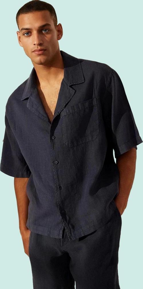 Erkek Keten Kısa Kollu Gömlek Regular Boy Oversize Apaş Yaka Günlük Kullanım İçin Hafta Sonu