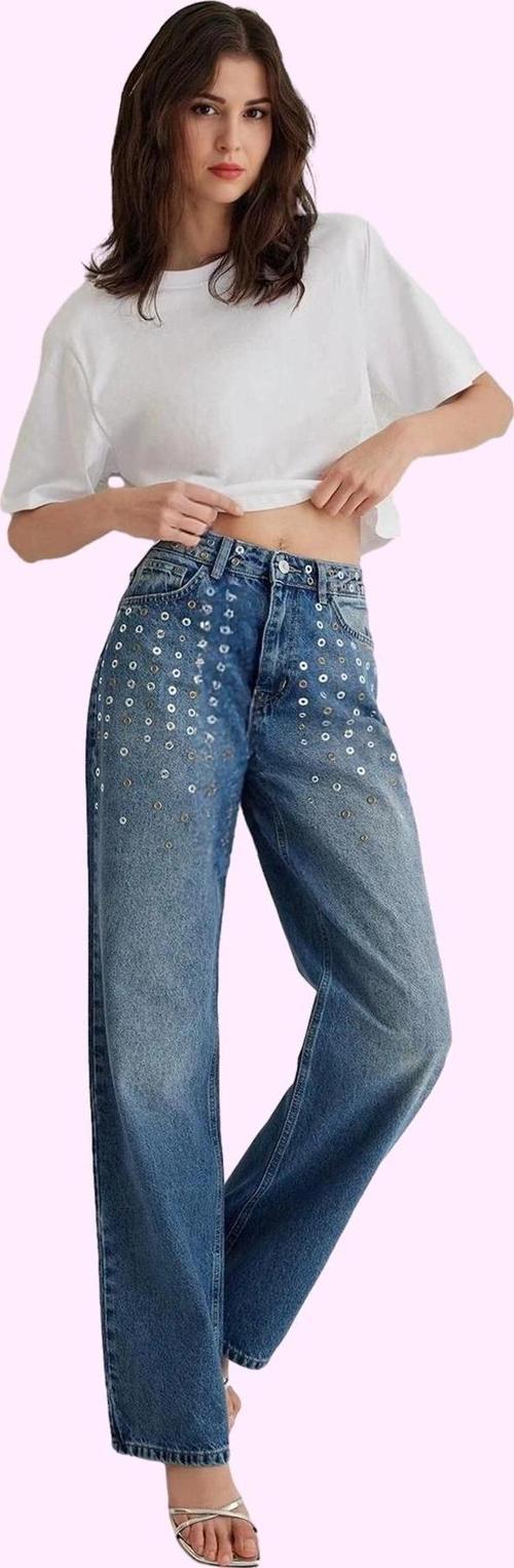 Kadın Denim Kuşgözü Detaylı Pamuk Wide Leg Jean Günlük Ve İş Hayatına Uygun Modern Tasarım