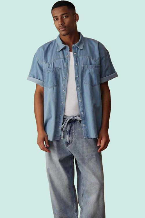 Erkek Denim Gömlek Pamuk Kısa Kollu Günlük Casual Basic Kalıp Hafta Sonu Dayanıklı Malzeme