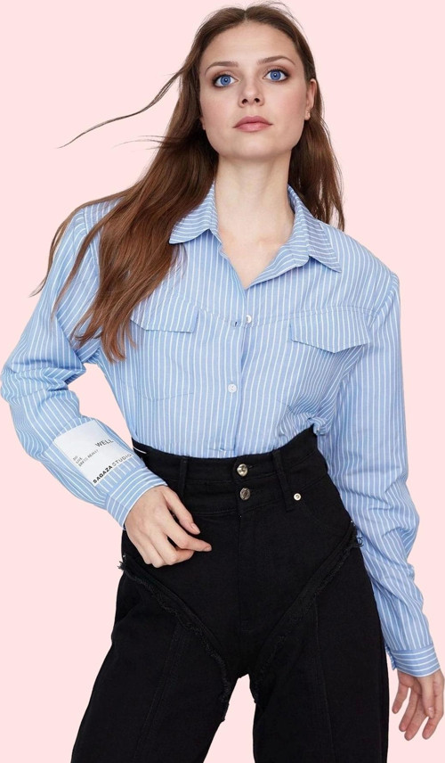 Kadın Oversize Dokuma Pamuklu Polyester Çizgili Gömlek Rahat Günlük Stil Dayanıklı Malzeme