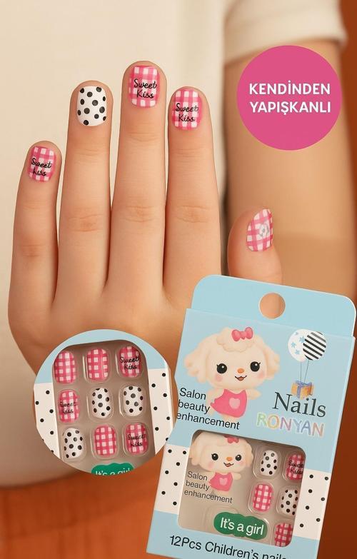 12 li Yapışkan Stickerlı Renkli Baskılı Çocuk Takma Tırnak Oyuncak Seti - 5- 14 Yaş Arası - Model 51