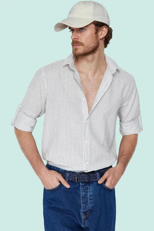 Erkek Casual Keten Karışımlı Çizgili Gömlek Regular Fit Yaka Uzun Kollu Yaz Aylarının Vazgeçilmezi