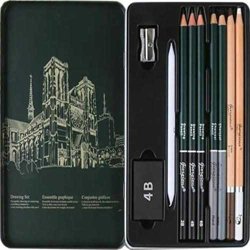 Karakalem Seti 10 Parça 1 Paket Teneke Metal Kutu Eskiz Çizim Seti Kara Kalem