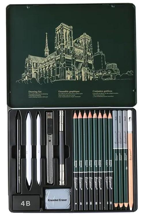 Karakalem Seti 19 Parça 1 Paket Teneke Metal Kutu Eskiz Çizim Seti Kara Kalem