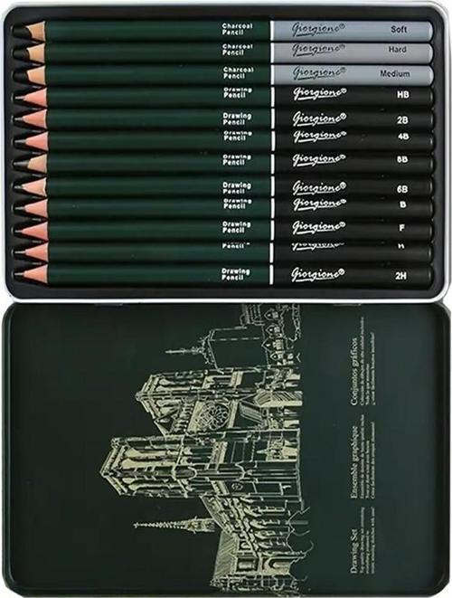 Karakalem Seti 12 Parça 1 Paket Teneke Metal Kutu Eskiz Çizim Seti Kara Kalem