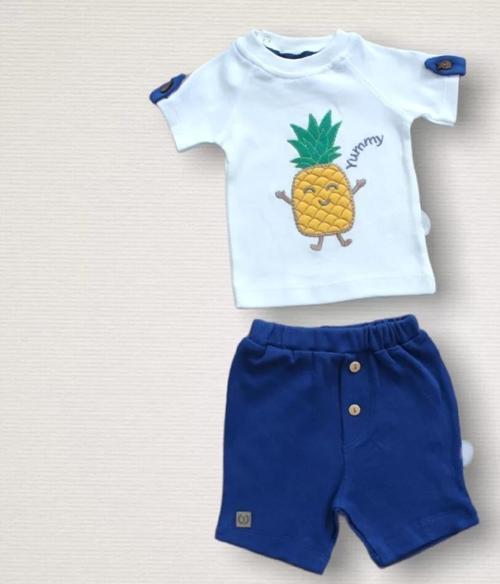 6-9 9-12 12-18 Ay Ananas Nakışlı Kısa Kollu Sweatli Şortlu 2li Kız-erkek Bebek Takımı Mavi