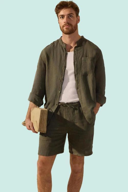 Erkek Keten Uzun Kollu Gömlek Oversize Fit Hakim Yaka Rahat Günlük Yaz Aylarının Vazgeçilmezi