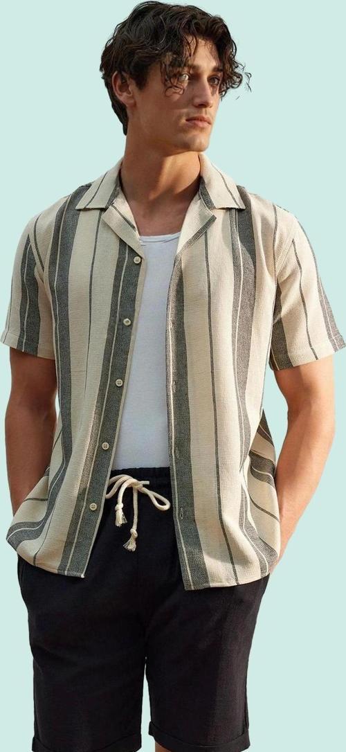 Erkek Yazlık Kısa Kollu Çizgili Dokuma Gömlek Yaka Regular Fit Günlük Kullanım Özel Günler