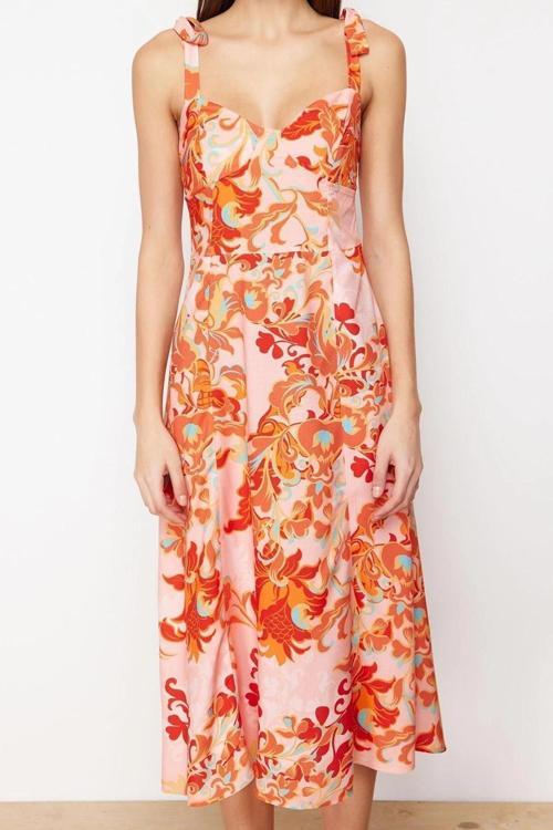 Moda Regular Casual Günlük Shally Dokuma Kalp Yaka Askılı Kol A-Line Midi Boy Elbise