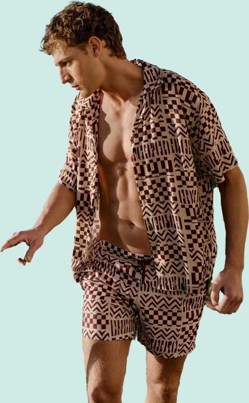 Erkek Geometrik Desenli Oversize Salaş Dokuma Gömlek Viskoz Rahat Günlük Kullanım Hafta Sonu