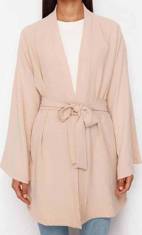 Moda Dokuma Rahat Kalıp Midi V Yaka Düşük Kol Keten görünümlü Kruvaze Tesettür Giyim Kimono Kaftan