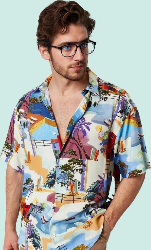 Erkek Viskoz Dokuma Baskılı Kısa Kollu Gömlek Rahat ve Şık Günlük Kombinler Modern Tasarım