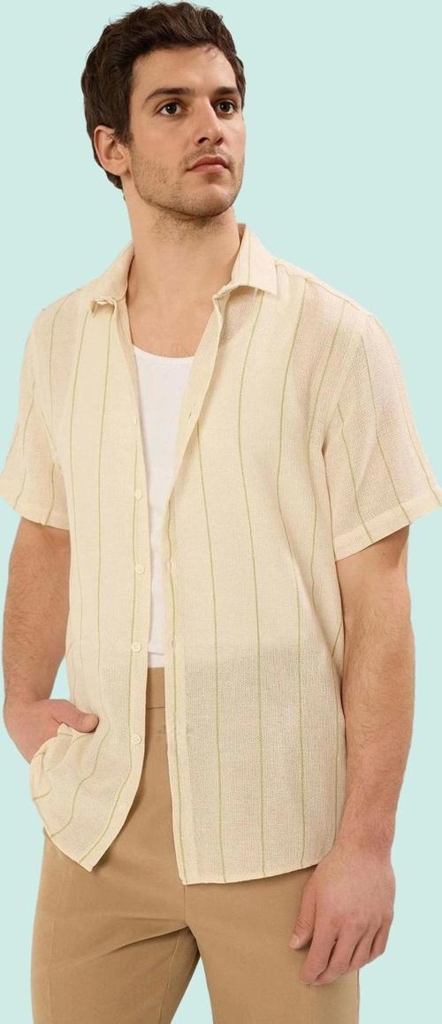 Erkek Çizgili Dokuma Gömlek Regular Fit Kısa Kol Yazlık Günlük Hafta Sonu Kaliteli Malzeme