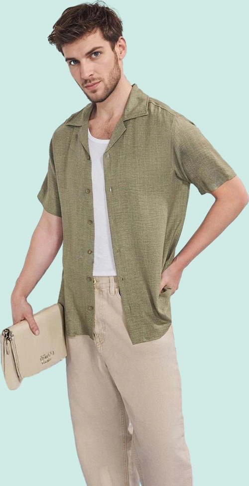 Erkek Regular Fit Polyester Gömlek; Keten Görünümlü Apaş Yaka Kısa Kol Yazlık Günlük Kullanım