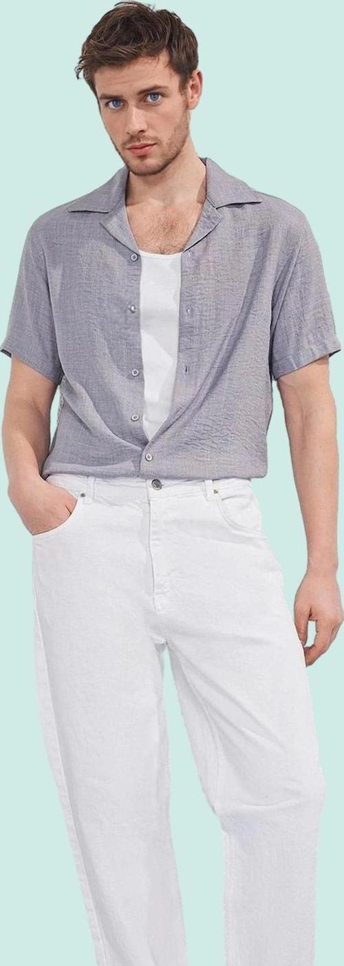 Erkek Regular Fit Polyester Gömlek; Keten Görünümlü Apaş Yaka Kısa Kol Yazlık Günlük Kullanım