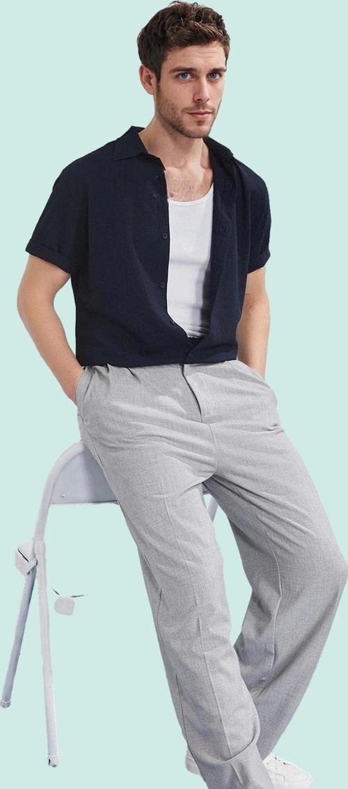 Erkek Kısa Kollu Crinkle Dokuma Gömlek Günlük Ve Rahat Stil Hafta Sonu Yaz Aylarının Vazgeçilmezi