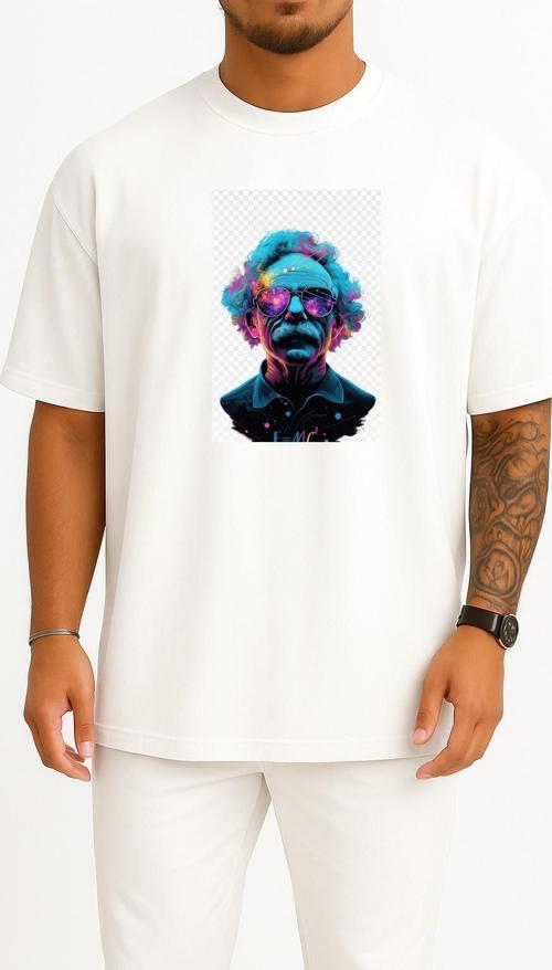 Oversize Albert Einstein Kütle-Enerji Eşdeğerliği Göğüs Tasarımlı Unisex T-Shirt