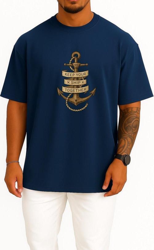 Oversize Keep Your Ship Together Çıpa Göğüs Tasarımlı Unisex T-Shirt