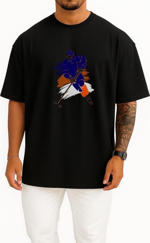 Oversize Ice Hockey Hockey Sticks Hockey Puck Göğüs Tasarımlı Unisex T-Shirt