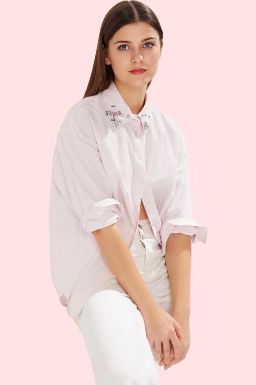 Kadın Taş Detaylı Gömlek Oversize Uzun Kollu Günlük Stil Hafta Sonu Yaz Aylarının Vazgeçilmezi