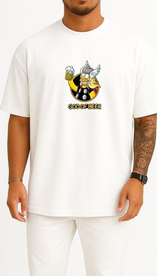 Oversize God Of Beer Göğüs Tasarımlı Unisex T-Shirt