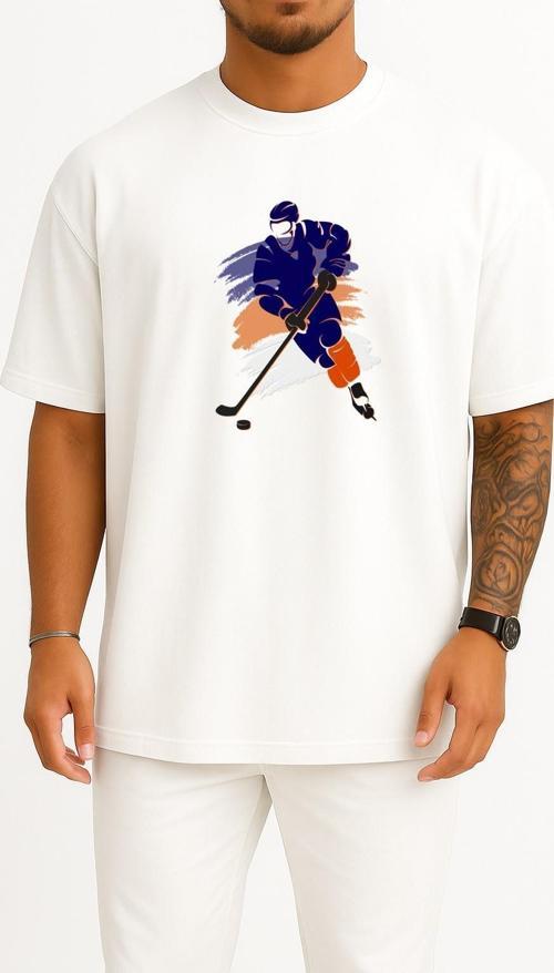 Oversize Ice Hockey Hockey Sticks Hockey Puck Göğüs Tasarımlı Unisex T-Shirt