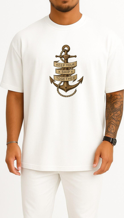 Oversize Keep Your Ship Together Çıpa Göğüs Tasarımlı Unisex T-Shirt