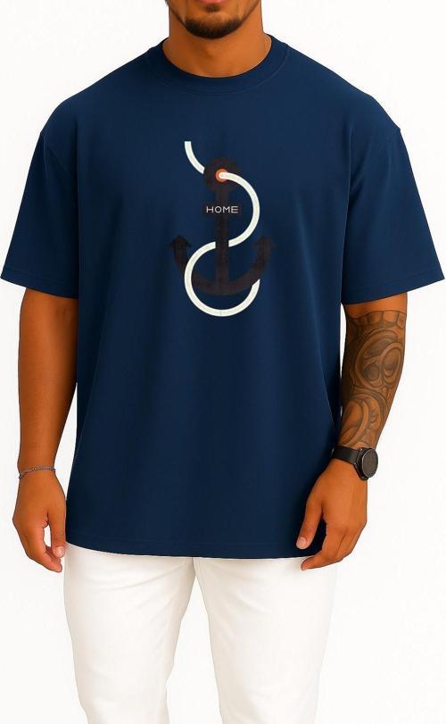 Oversize Home Yazılı Denizci Çıpa Göğüs Tasarımlı Unisex T-Shirt