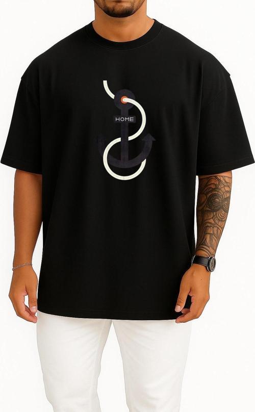 Oversize Home Yazılı Denizci Çıpa Göğüs Tasarımlı Unisex T-Shirt