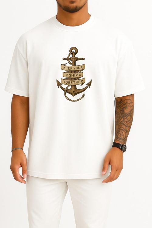 Oversize Keep Your Ship Together Çıpa Göğüs Tasarımlı Unisex T-Shirt