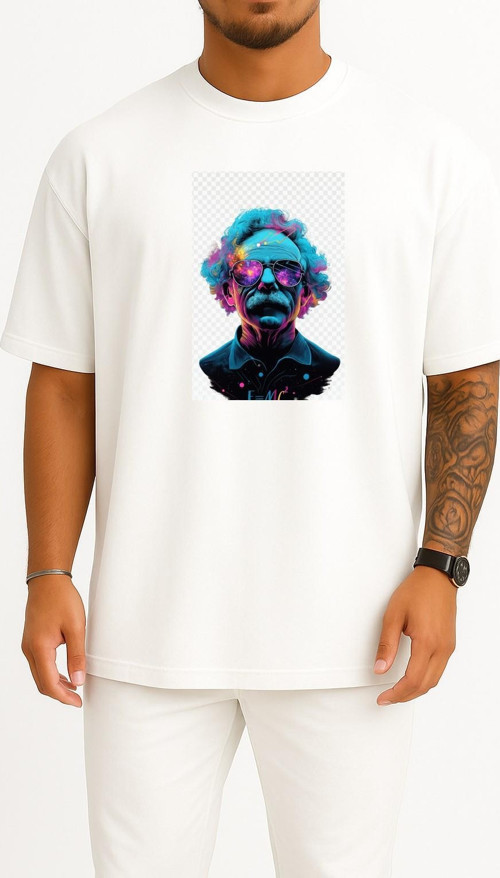 Oversize Albert Einstein Kütle-Enerji Eşdeğerliği Göğüs Tasarımlı Unisex T-Shirt