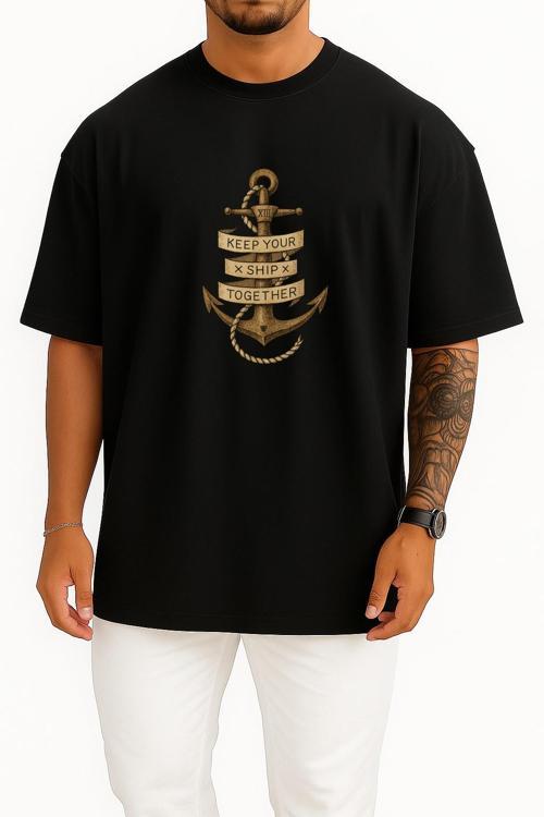 Oversize Keep Your Ship Together Çıpa Göğüs Tasarımlı Unisex T-Shirt